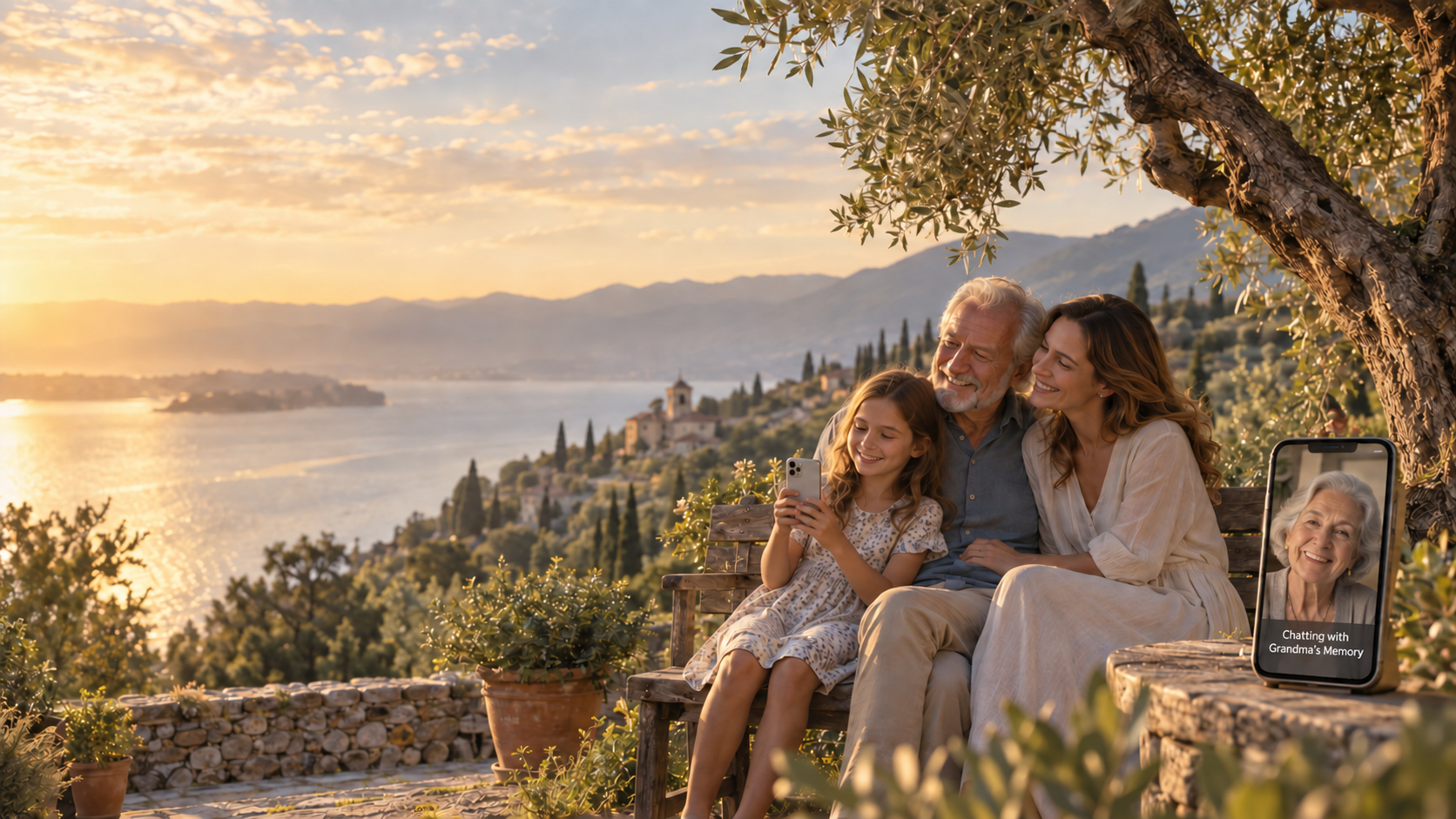 A family overlooking an Italian lake, with Grandma's Memory shown in a phone beside them.
